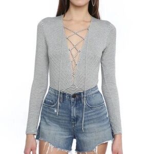 Olympia Theodora NWOT striped long sleeve front lace-up bodysuit M